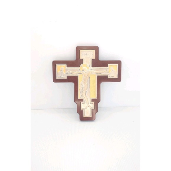 INRI Crusifix Cross .925 Silver Gold with‎ Wooden Back Made In Italy Stamped